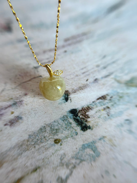 Natural Grade A Burmese Jadeite Gold over Sterling Silver Stem Icy Yellow Apple necklace