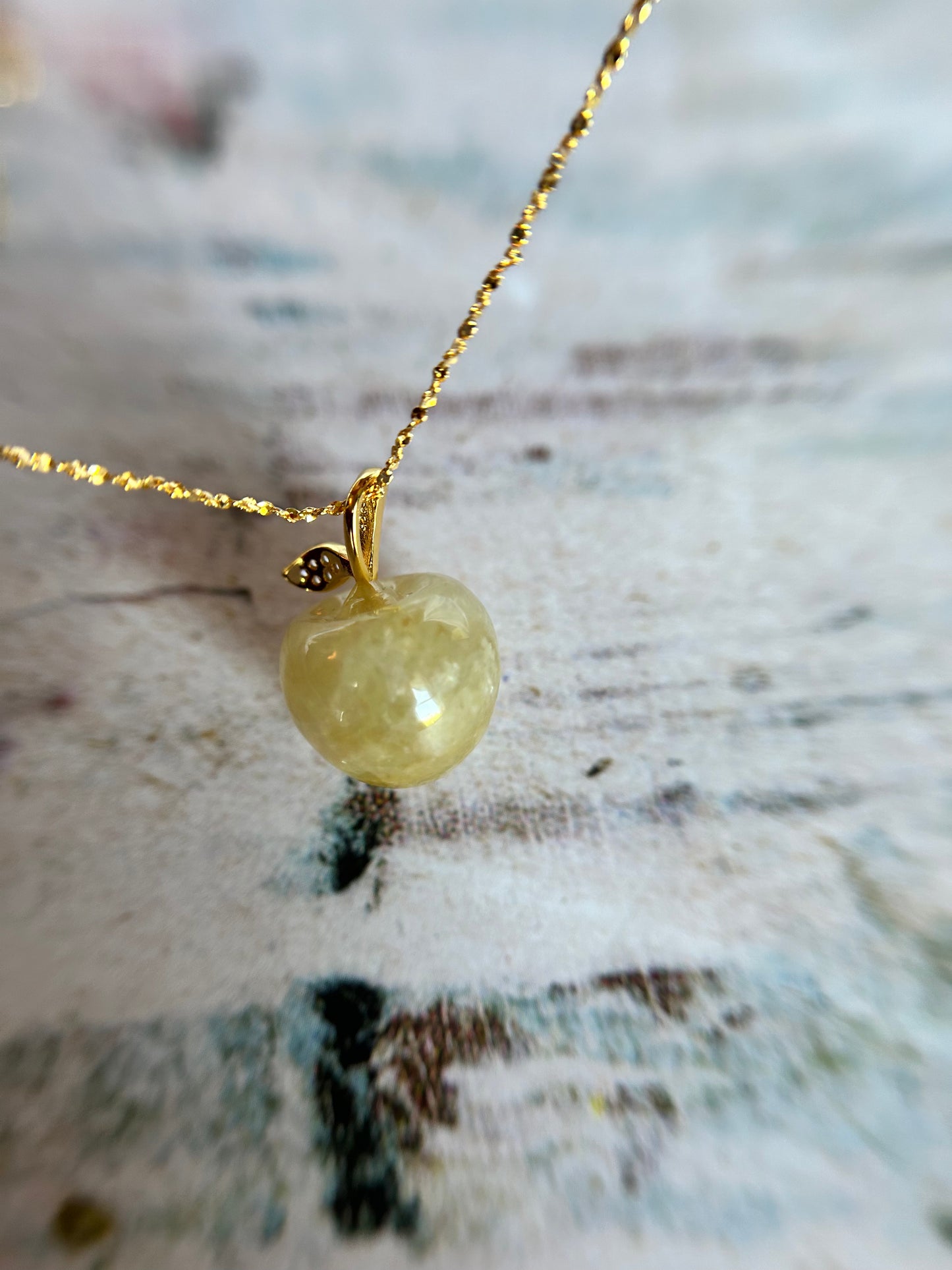 Natural Grade A Burmese Jadeite Gold over Sterling Silver Stem Icy Yellow Apple necklace