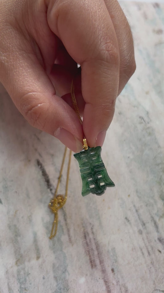 Grade A Natural Icy green Burma Jadeite pendant with double sided hand carved with longevity word and gold necklace