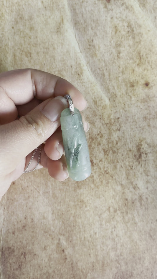 Grade A Natural Burma Icy Green Jadeite Bamboo Pendant with sterling silver bail