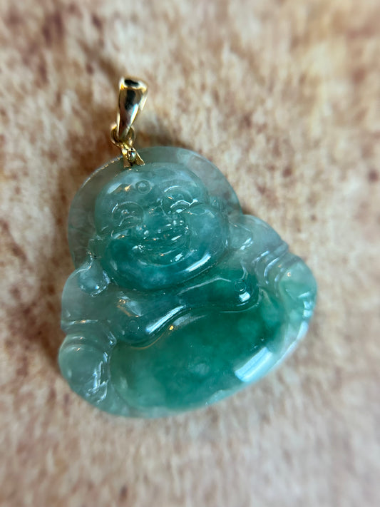 Icy green jadeite Buddha pendant with 18k yellow gold bail