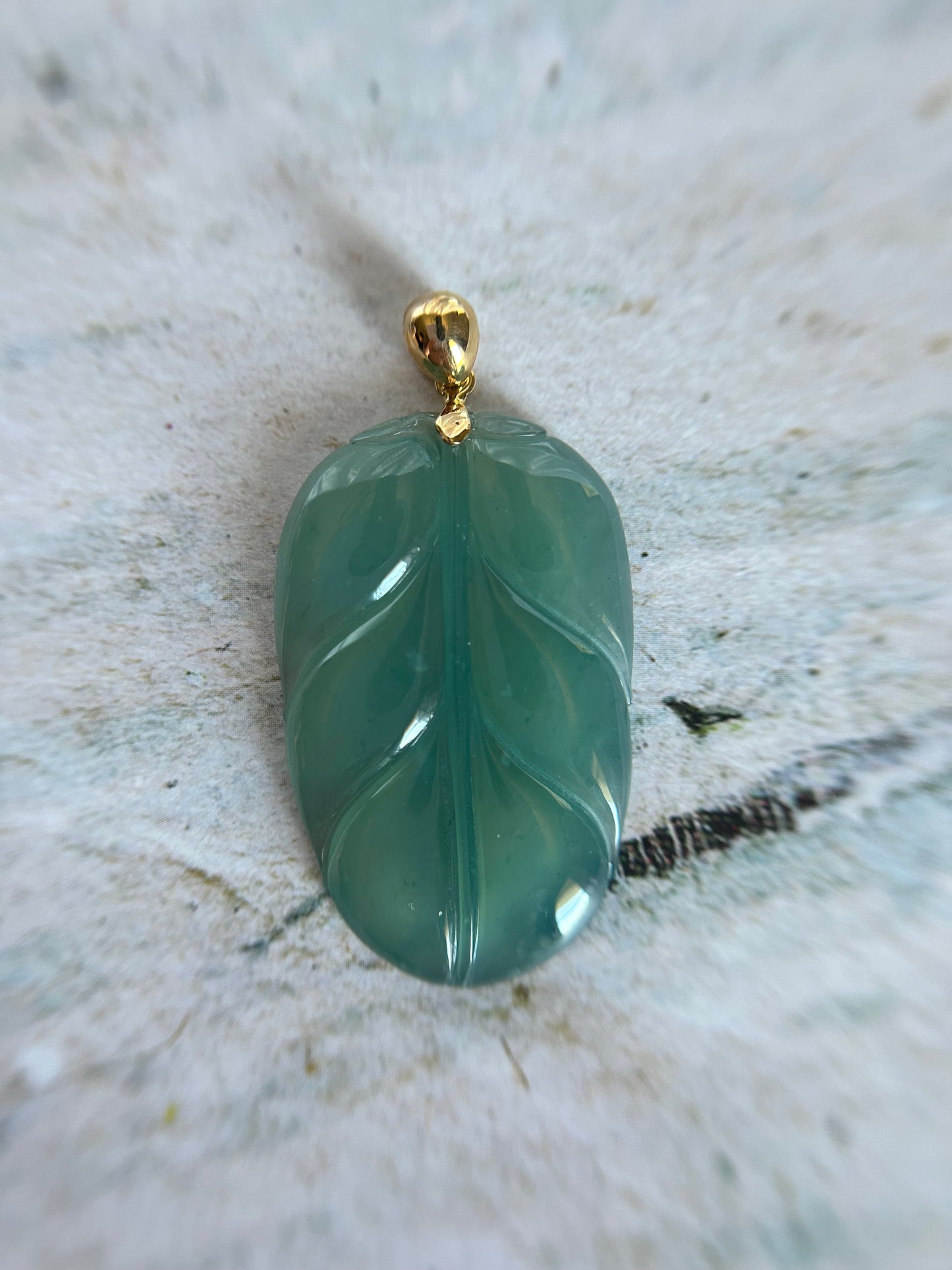 Natural Grade A Burmese Jadeite18K Yellow Gold Bail Glassy Light Blueish Green Leaf Pendant