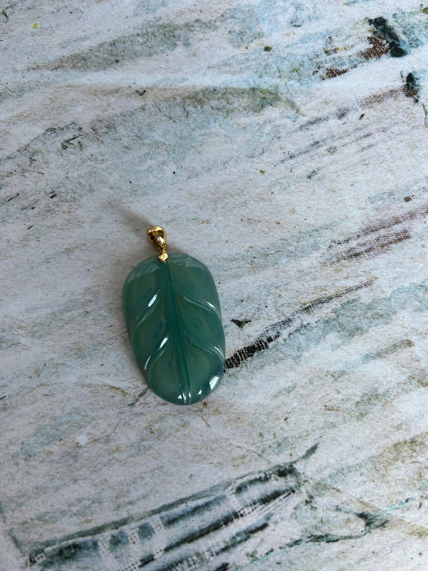 Natural Grade A Burmese Jadeite18K Yellow Gold Bail Glassy Light Blueish Green Leaf Pendant