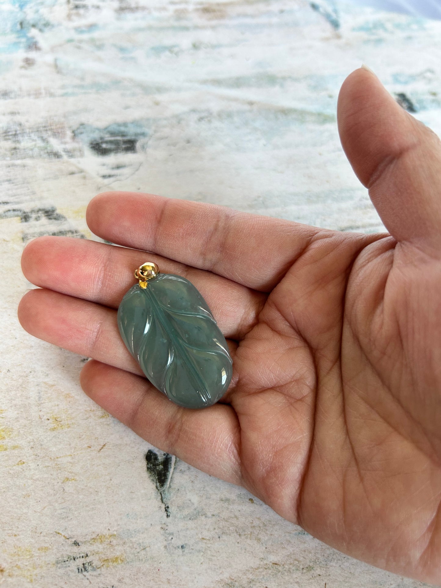 Natural Grade A Burmese Jadeite18K Yellow Gold Bail Glassy Light Blueish Green Leaf Pendant