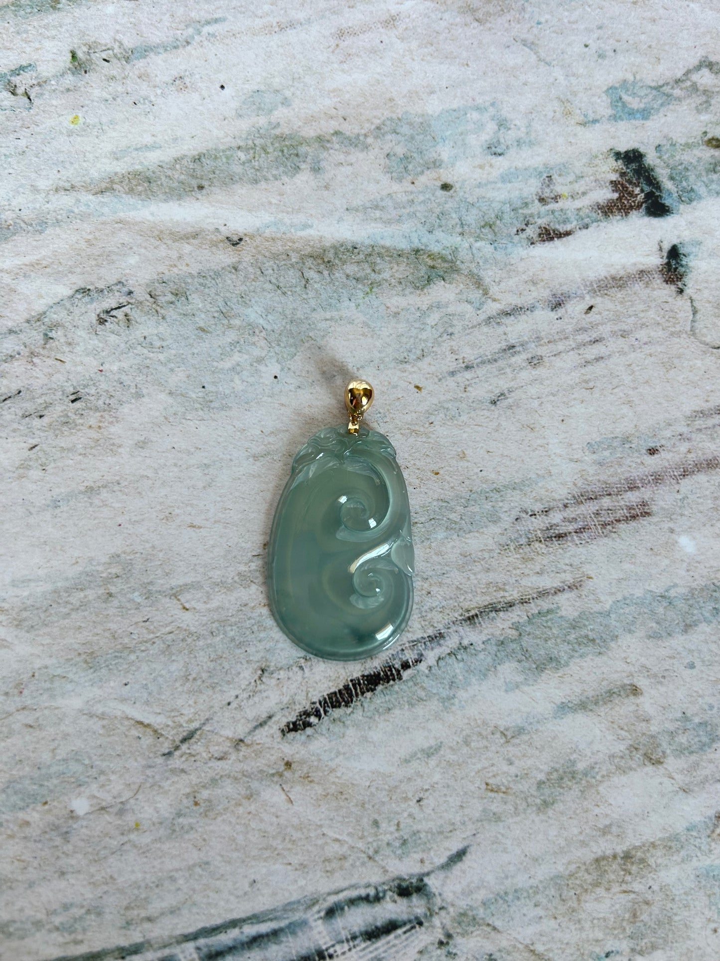 18K Yellow Gold Bail Natural Grade A Burmese Jadeite  Light bluenish green Yuyi (ruyi) Pendant