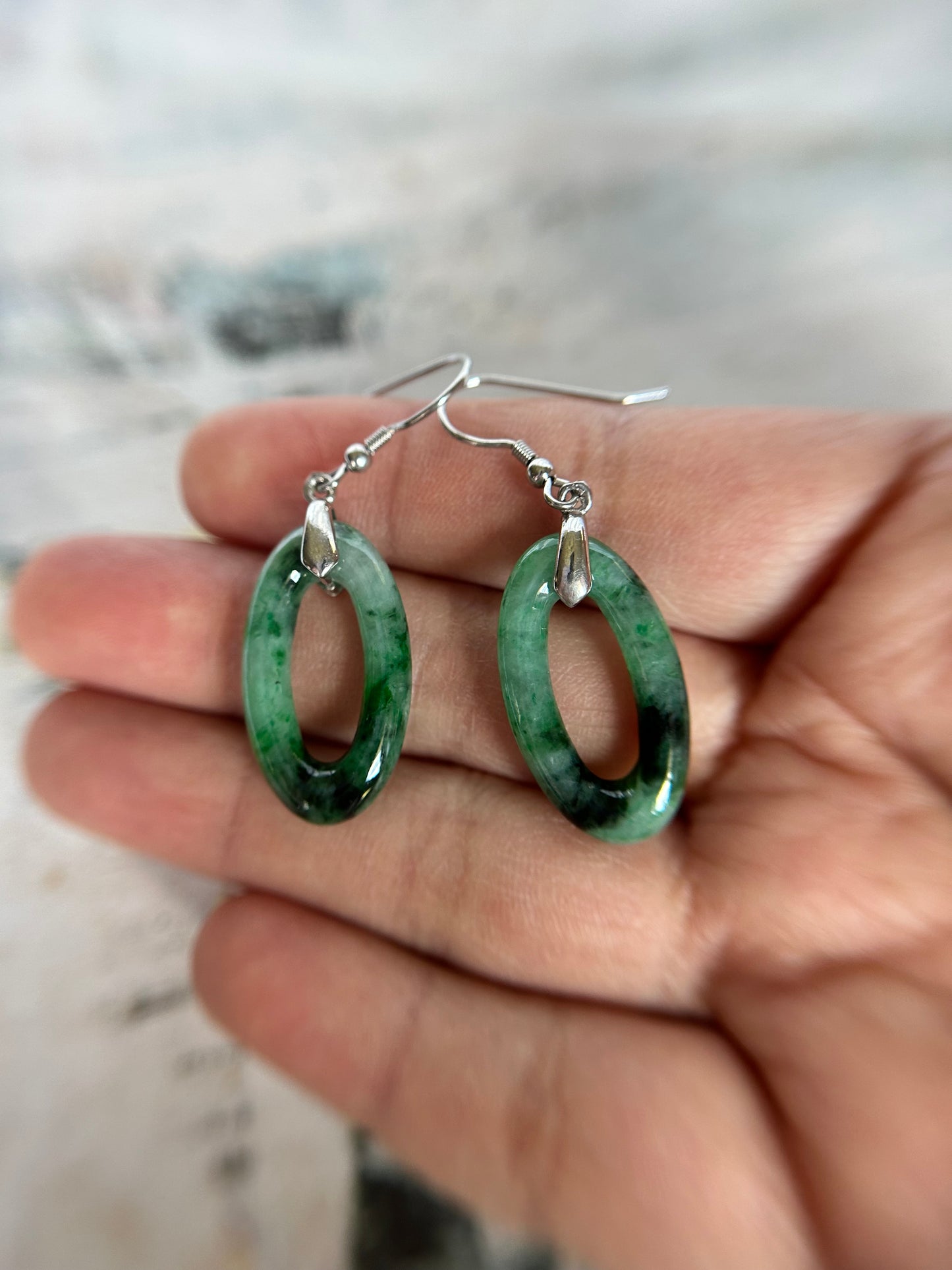 Natural Grade A Burme Jadeite 925 silver hoop icy green oval earring