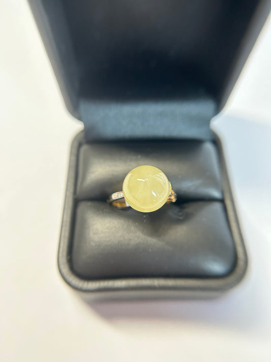 Natural grade A Burmese icy yellow Jadeite 18K Yellow Gold Diamond Ring