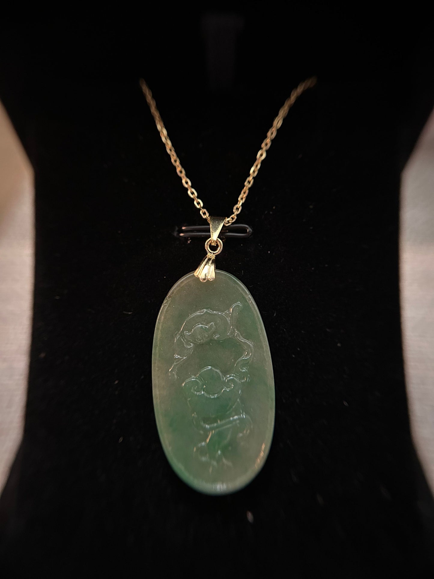 Grade A Natural Icy green Burma Jadeite pendant with double sided hand carved with bat and Yuyi mushroom and flower
