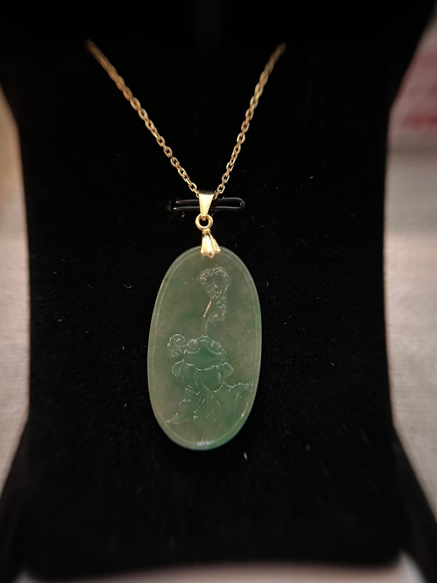 Grade A Natural Icy green Burma Jadeite pendant with double sided hand carved with bat and Yuyi mushroom and flower