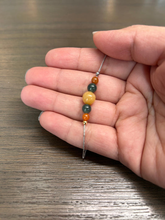 Grade A Natural Burma Jadeite Beads Adjustable sterling Bracelet with Yellow, Green, and Red beads