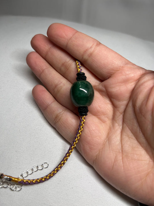 Grade A Natural Burma dark green Jadeite Barrel- Lu Lu Tong adjustable bracelet braided with gold and purple rope