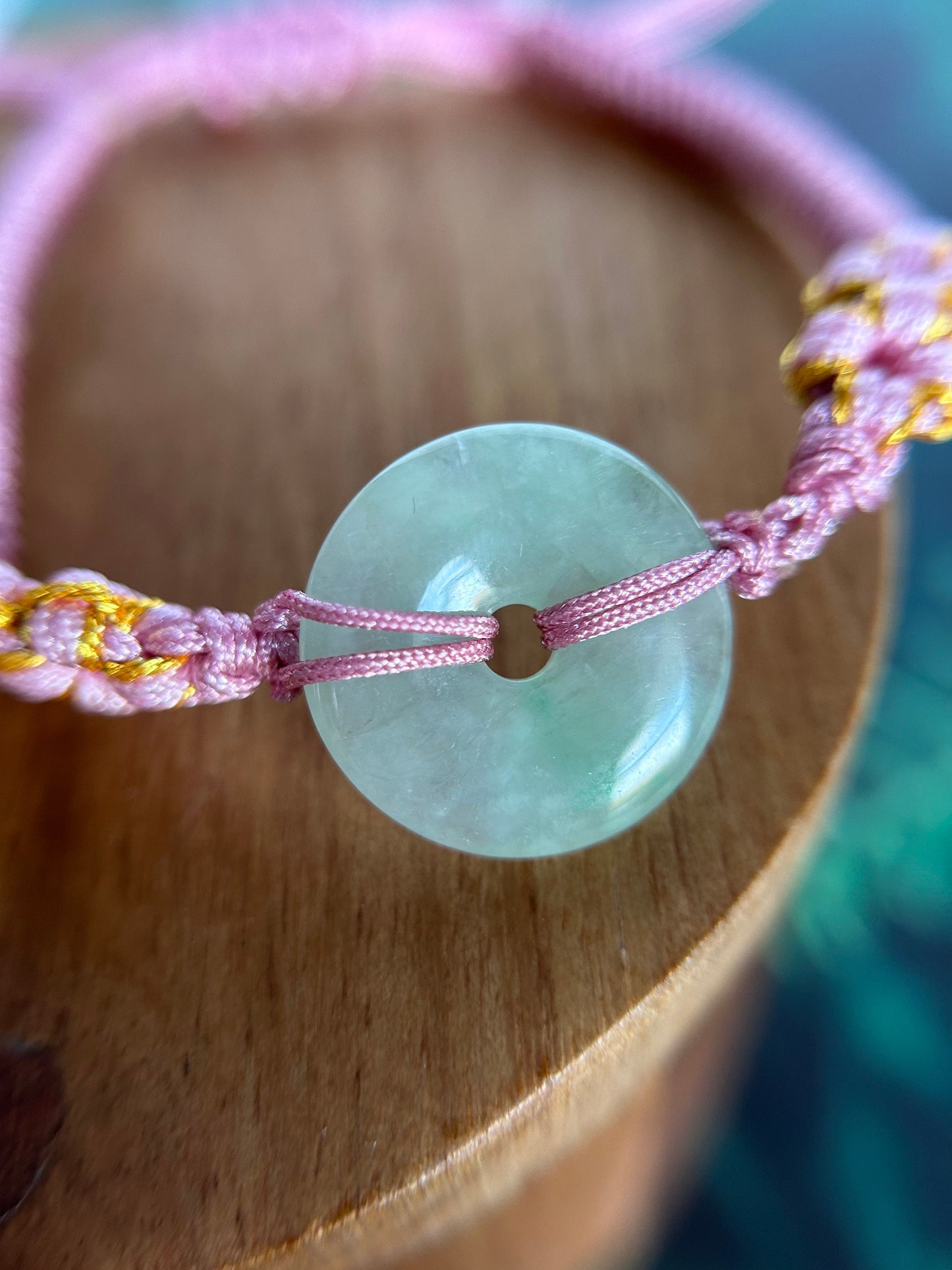 Grade A Natural Icy Green Burma Jadeite Adjustable Bracelet braided with light pink and gold rope design