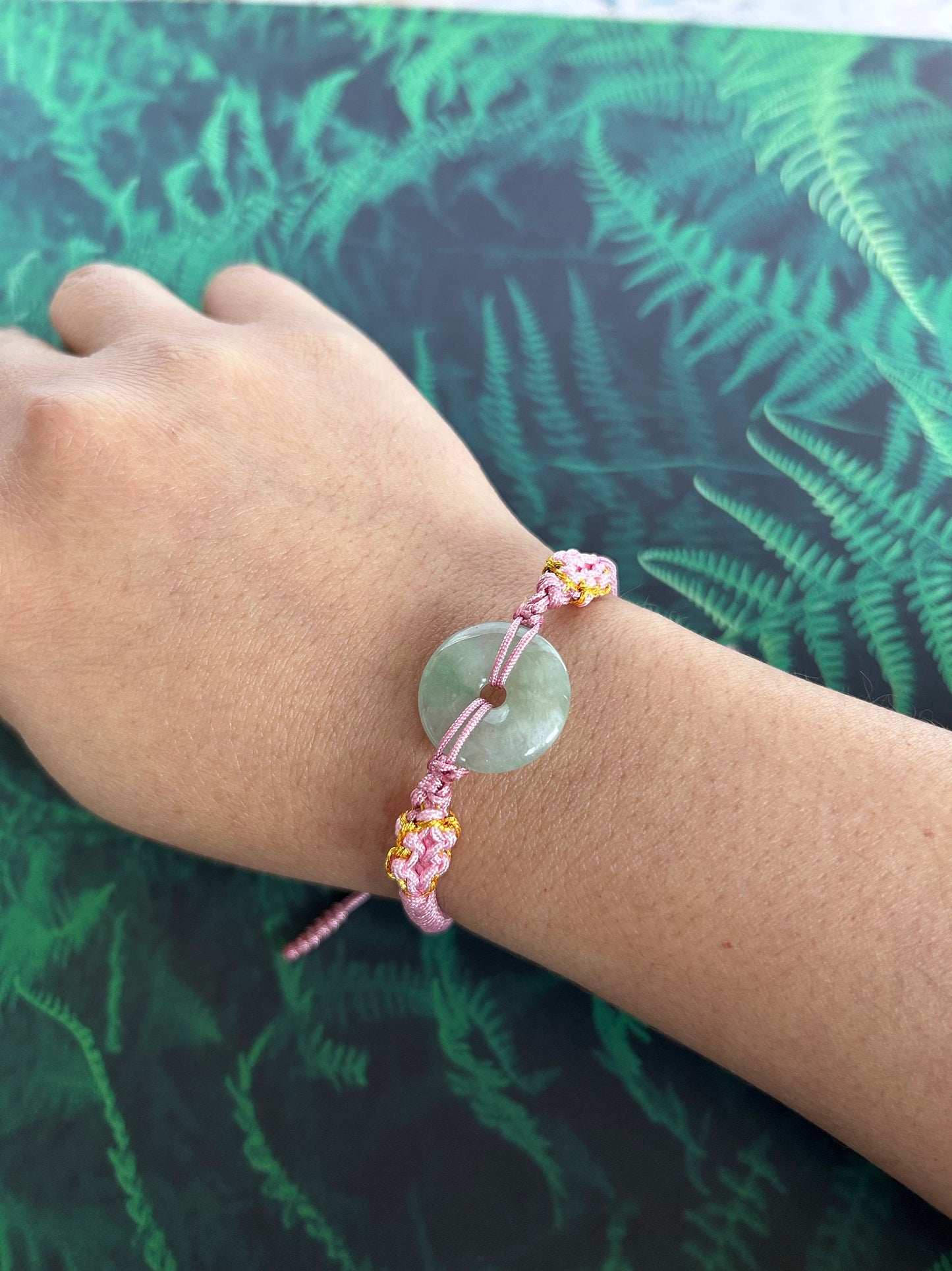 Grade A Natural Icy Green Burma Jadeite Adjustable Bracelet braided with light pink and gold rope design