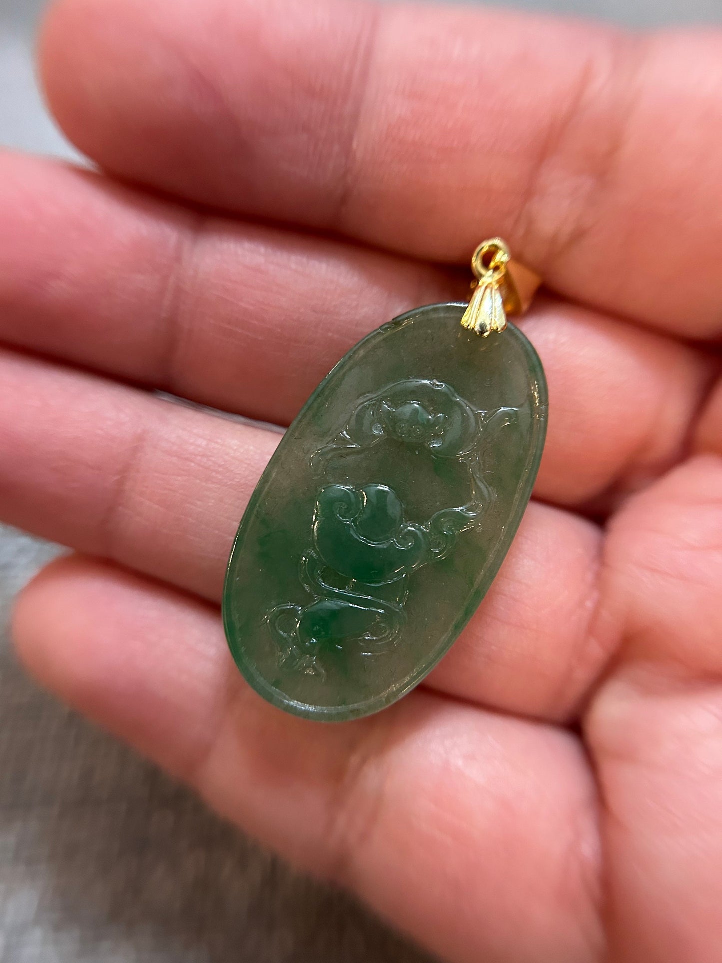 Grade A Natural Icy green Burma Jadeite pendant with double sided hand carved with bat and Yuyi mushroom and flower