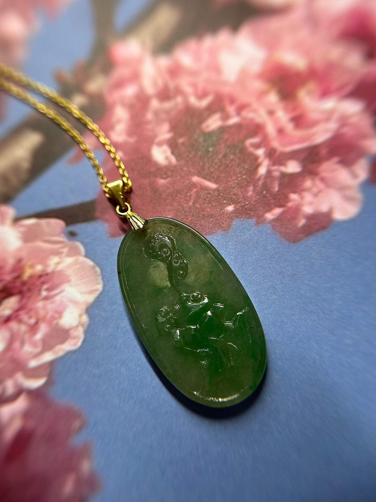 Grade A Natural Icy green Burma Jadeite pendant with double sided hand carved with bat and Yuyi mushroom and flower