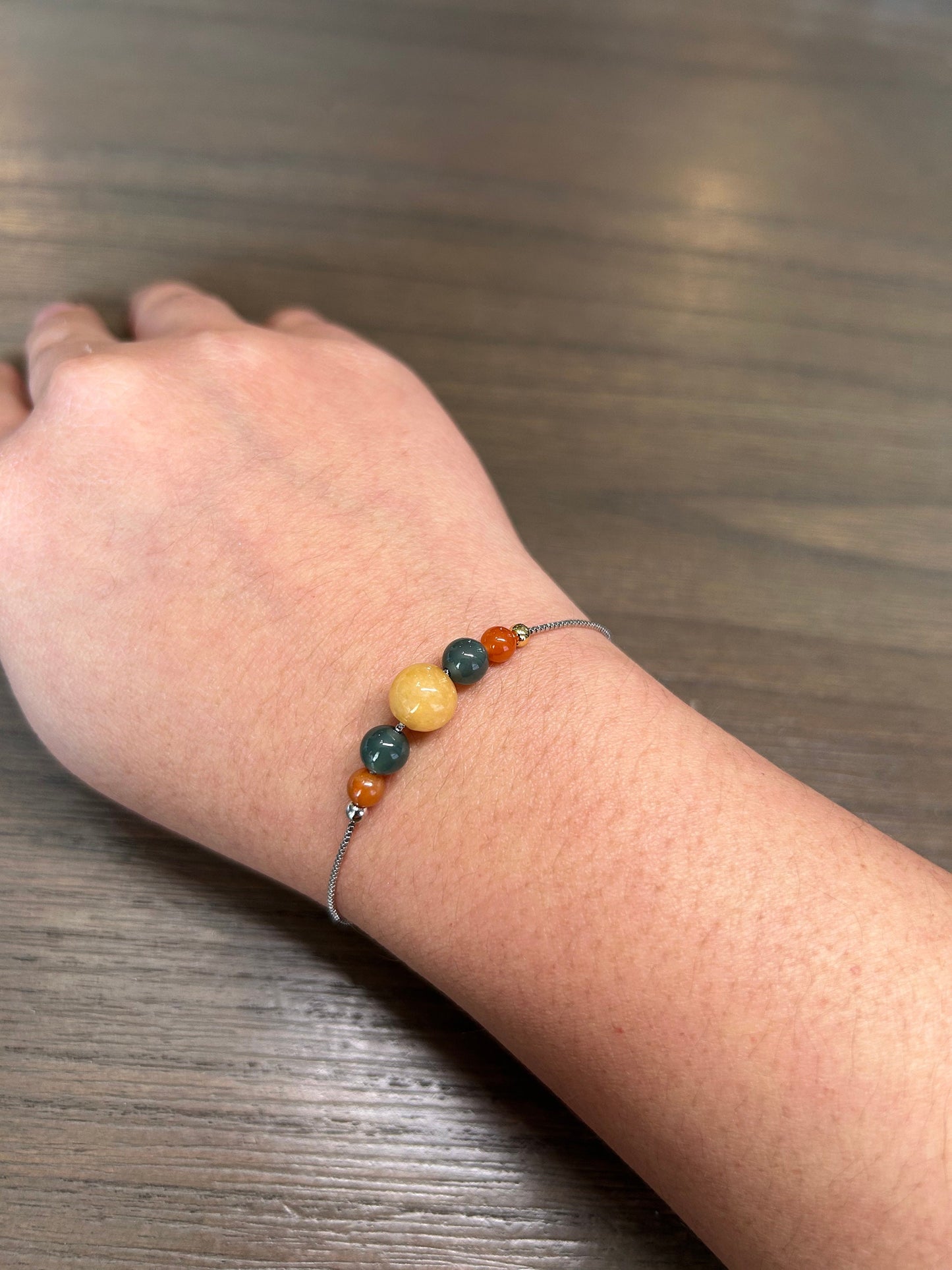 Grade A Natural Burma Jadeite Beads Adjustable sterling Bracelet with Yellow, Green, and Red beads