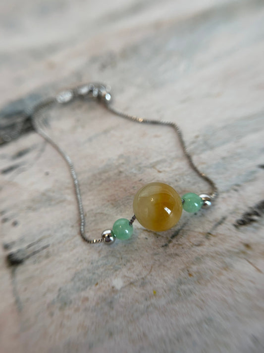 Grade A Natural yellow and green Burma jadeite sterling silver adjustable bracelet