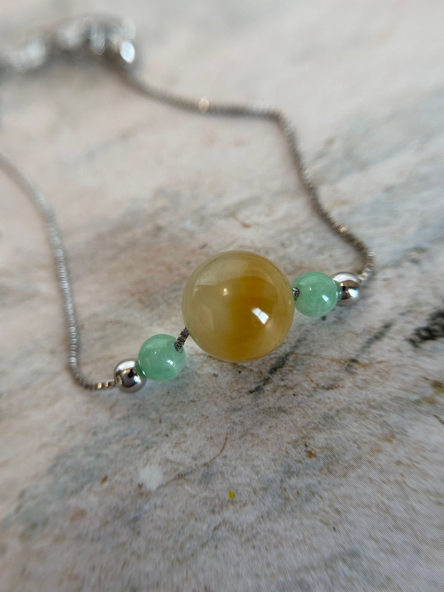 Grade A Natural yellow and green Burma jadeite sterling silver adjustable bracelet