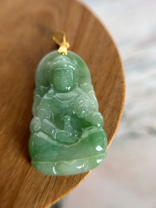 Grade A Natural Green Burma Jadeite Guanyin pendant with gold plated sterling silver bail