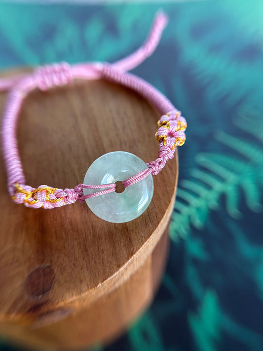 Grade A Natural Icy Green Burma Jadeite Adjustable Bracelet braided with light pink and gold rope design