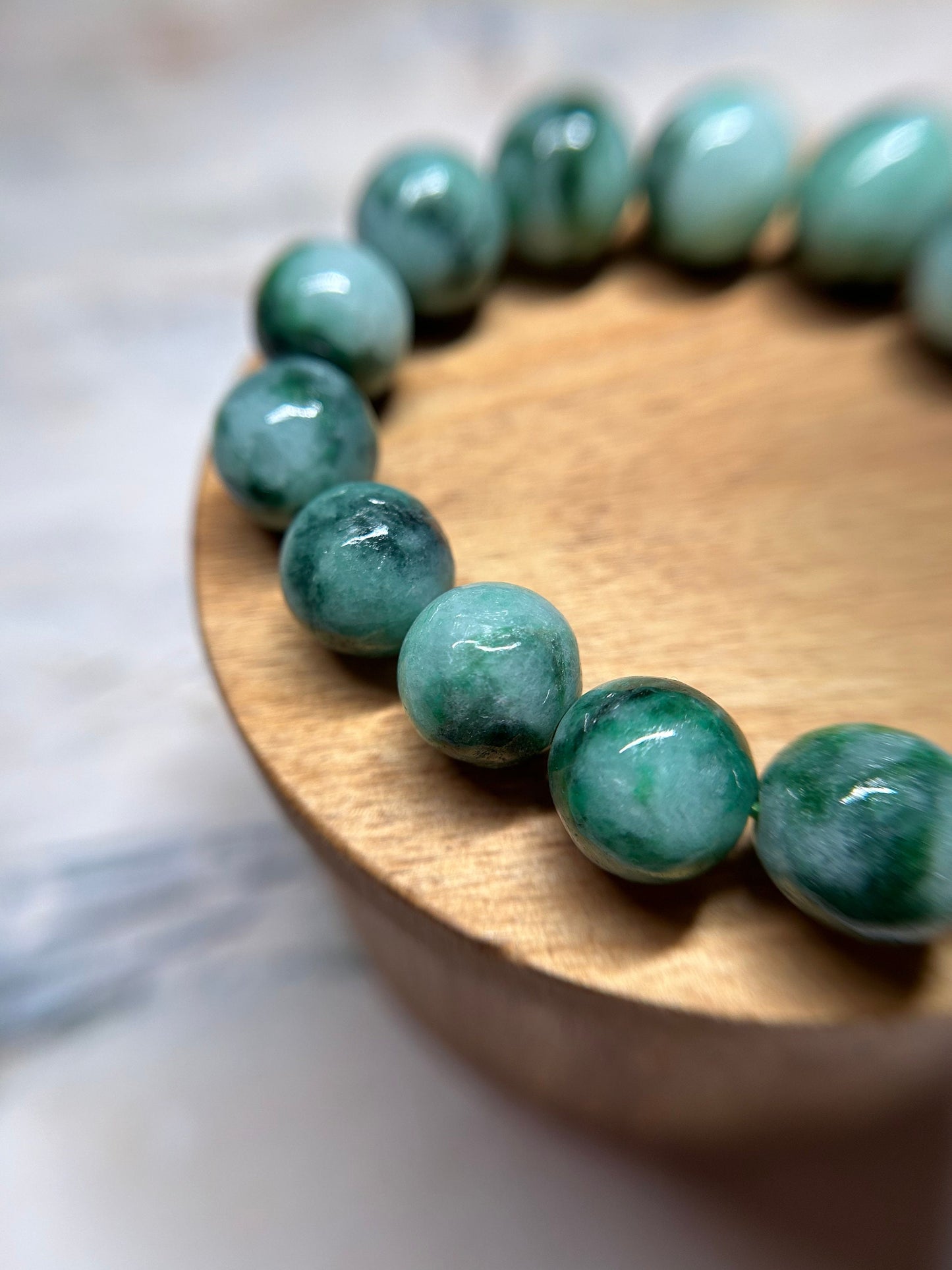 Grade A Natural Light with dark Green patches  Burma Jadeite Beads Bracelet