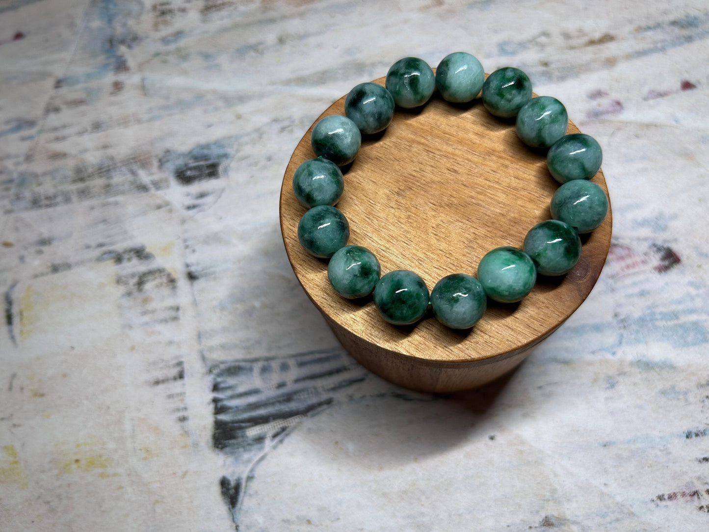 Grade A Natural Light with dark Green patches  Burma Jadeite Beads Bracelet