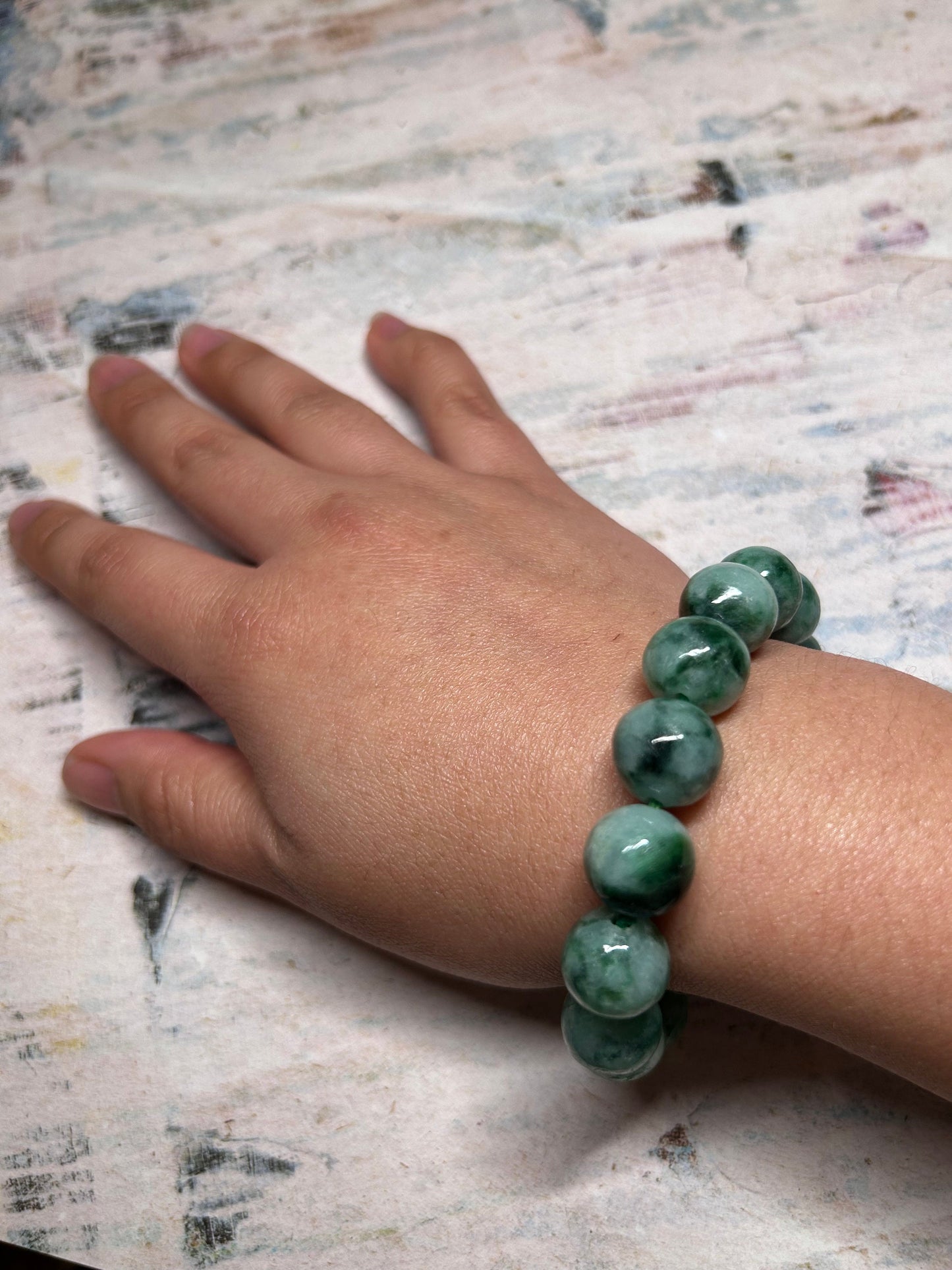 Grade A Natural Light with dark Green patches  Burma Jadeite Beads Bracelet