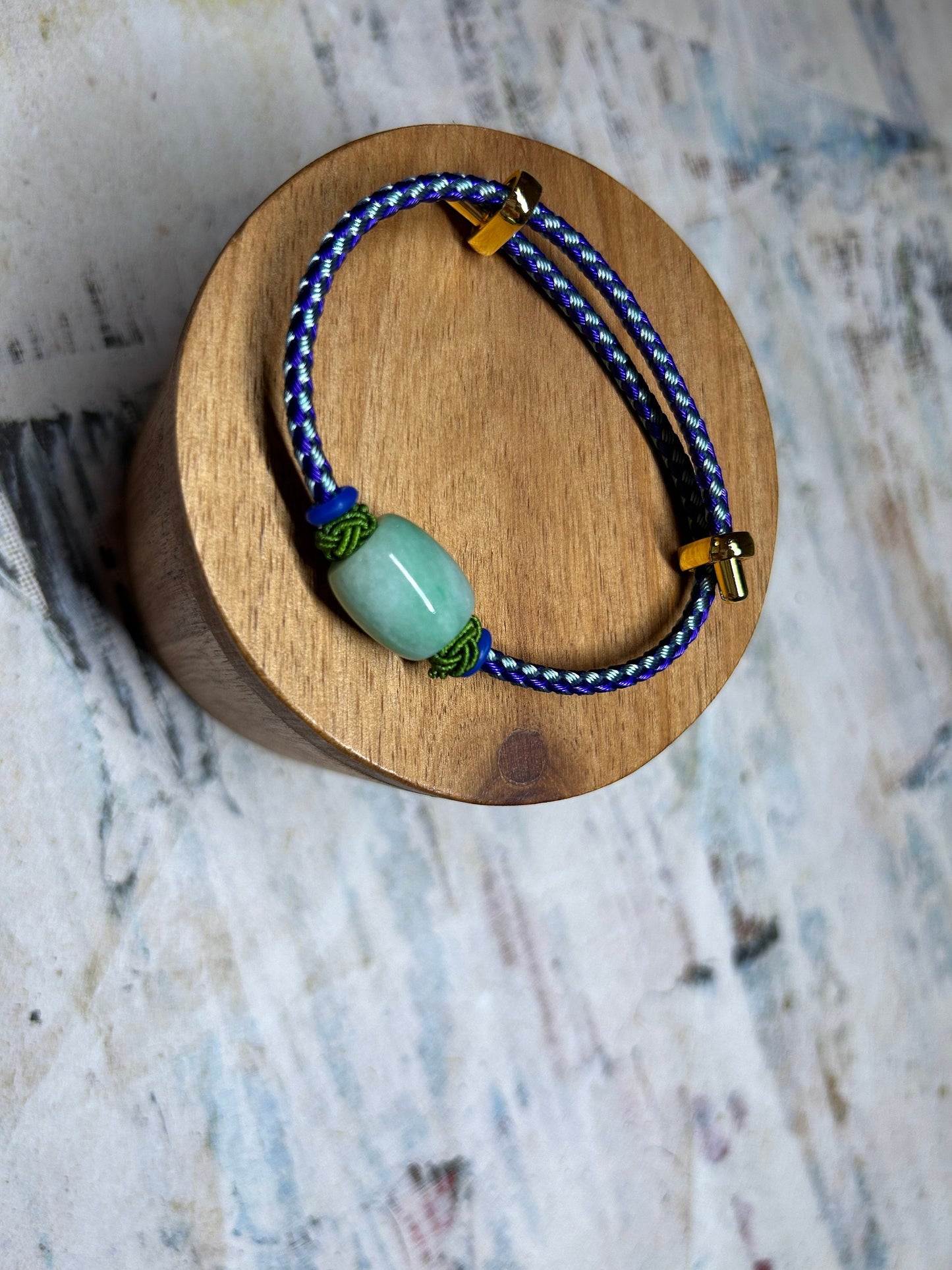 Grade A Natural Green Burma Jadeite Lu Lu Tong (barrel) with Braided Light and Dark Blue Nylon Bracelet