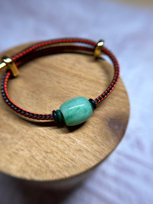 Grade A Natural Green Burma Jadeite Lu Lu Tong (barrel) with Braided Red and Black Nylon Bracelet