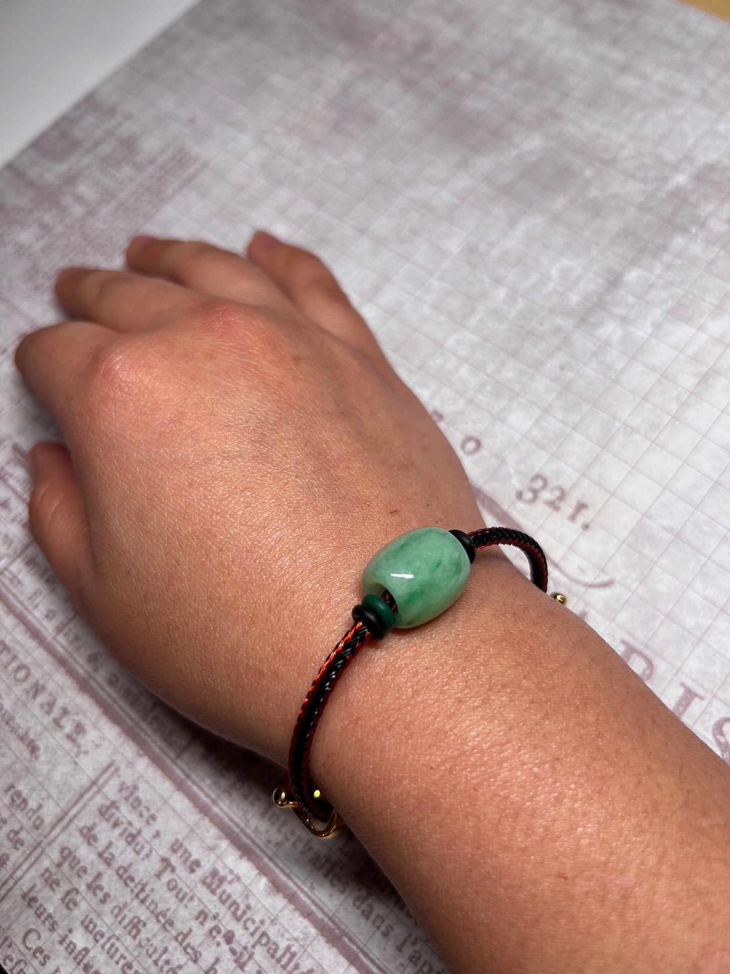 Grade A Natural Green Burma Jadeite Lu Lu Tong (barrel) with Braided Red and Black Nylon Bracelet