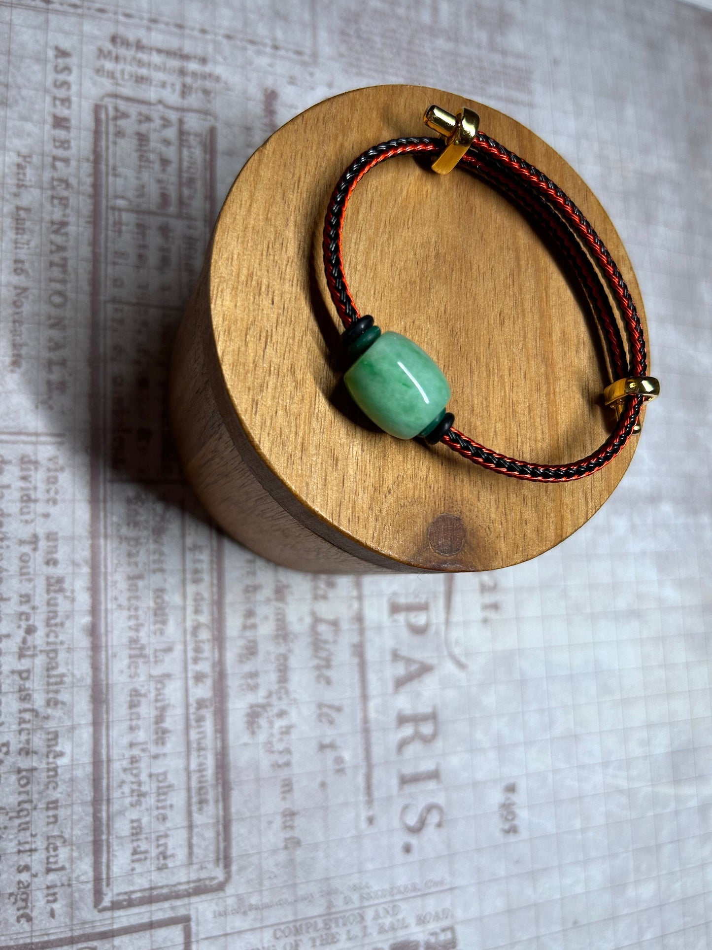 Grade A Natural Green Burma Jadeite Lu Lu Tong (barrel) with Braided Red and Black Nylon Bracelet