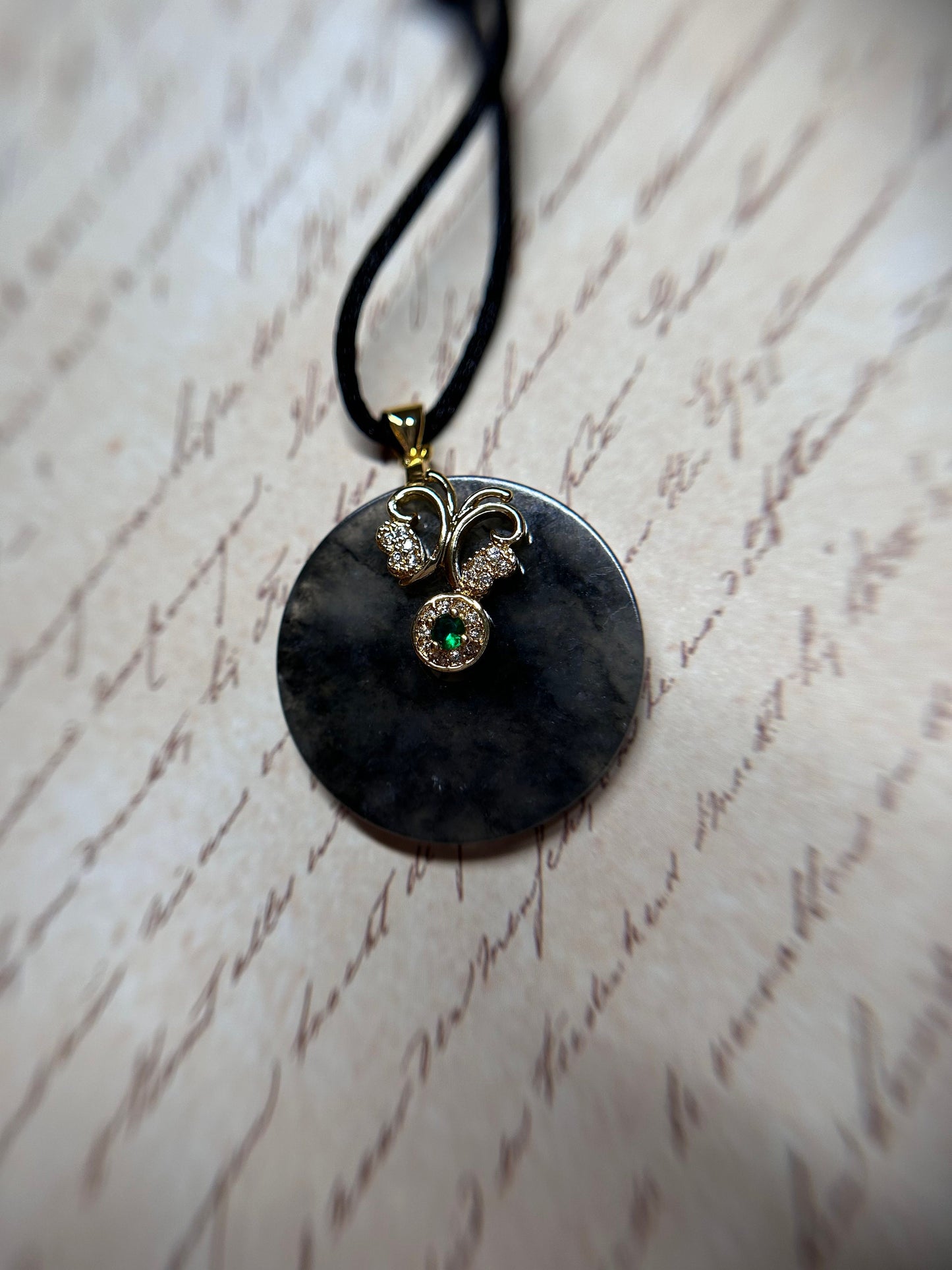 Grade A Natural Highly Icy Black Pi Disc Donut with Green accent gold plated sterling silver nails pendant