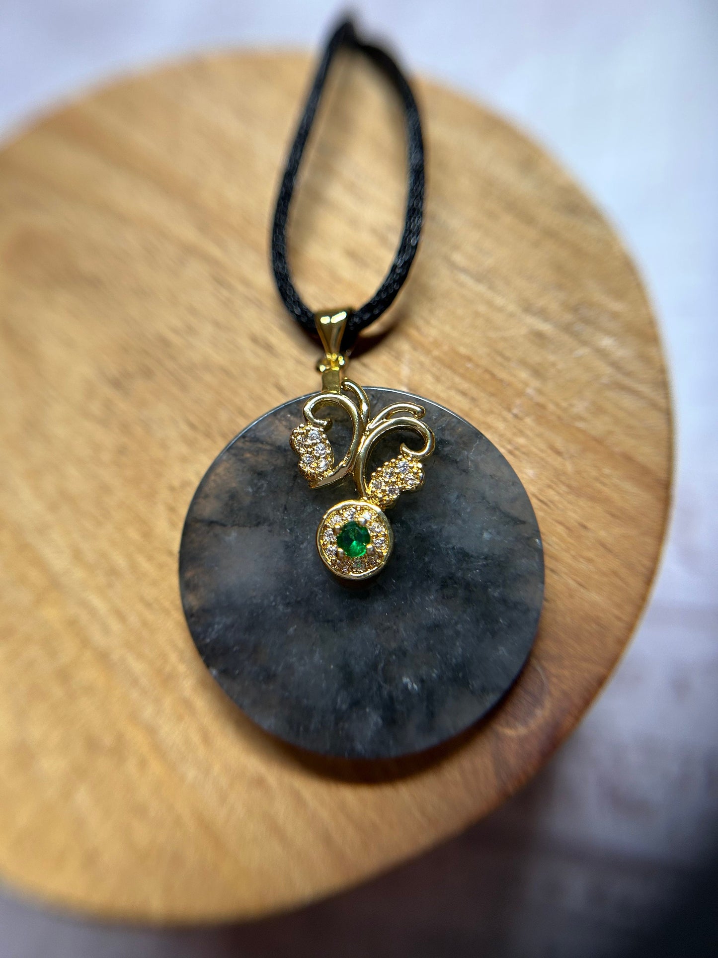 Grade A Natural Highly Icy Black Pi Disc Donut with Green accent gold plated sterling silver nails pendant