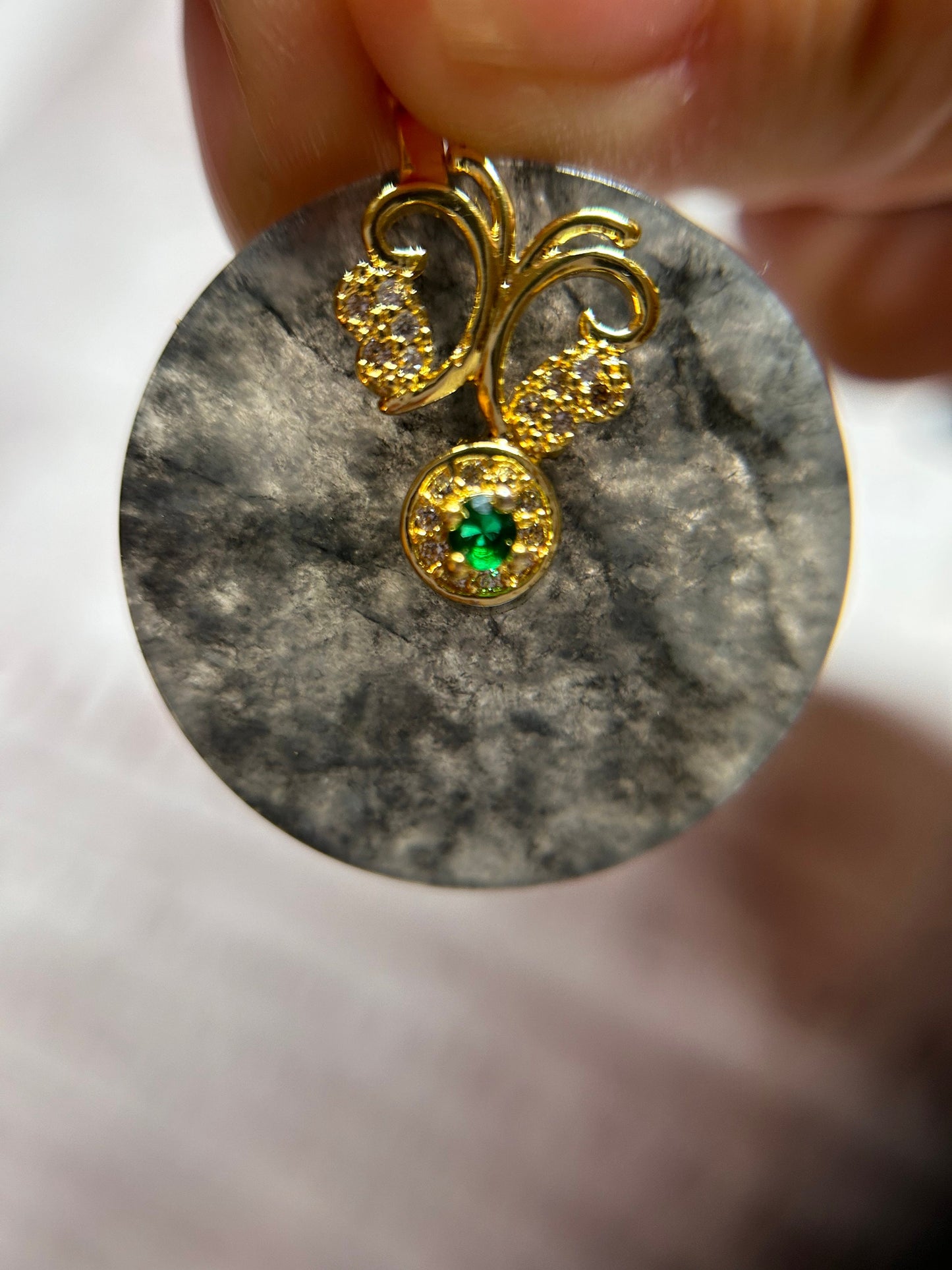 Grade A Natural Highly Icy Black Pi Disc Donut with Green accent gold plated sterling silver nails pendant