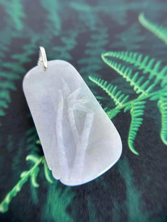 Grade A Natural Lavender Burma Jadeite double side bamboo carving pendant