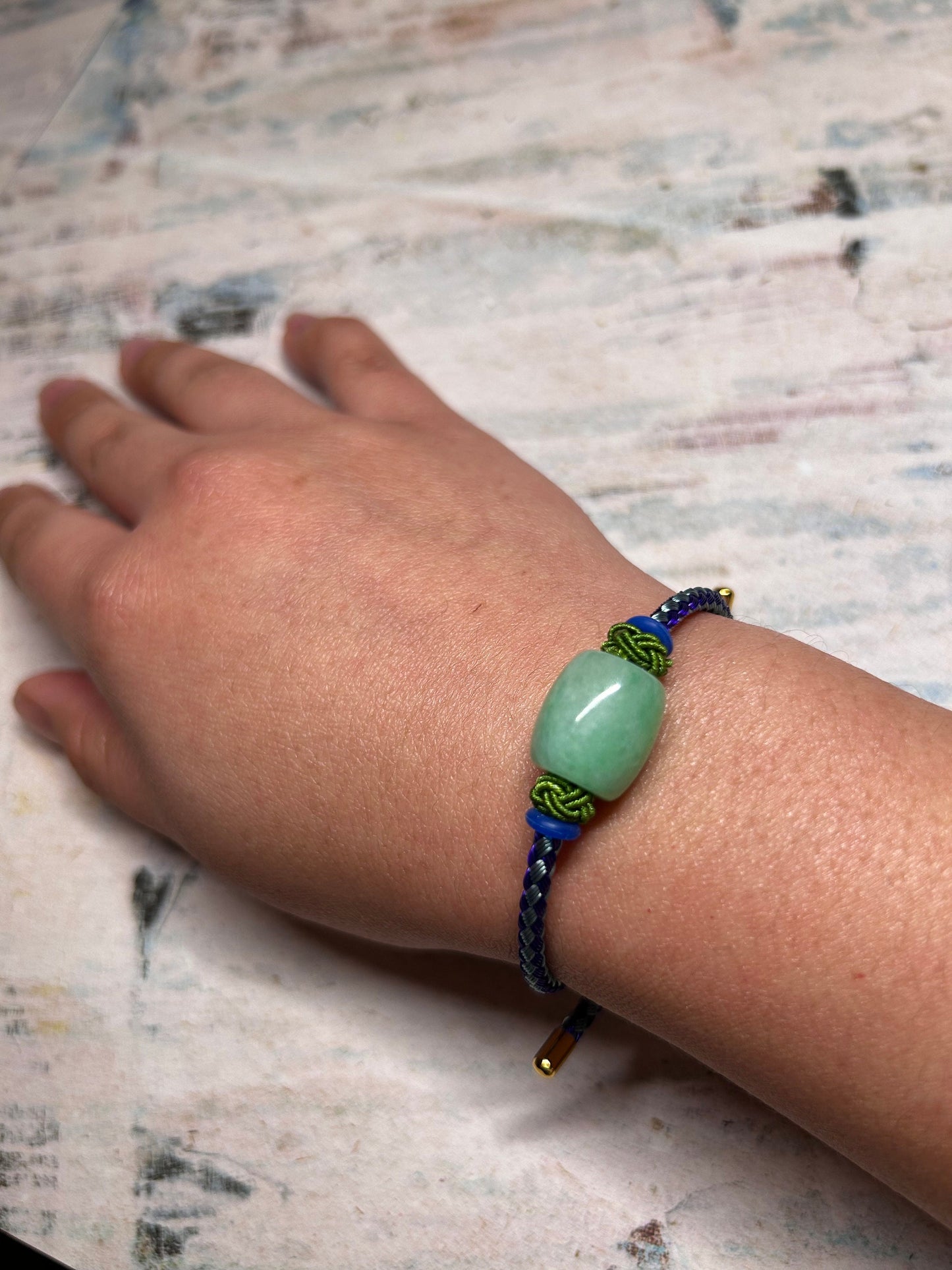 Grade A Natural Green Burma Jadeite Lu Lu Tong (barrel) with Braided Light and Dark Blue Nylon Bracelet