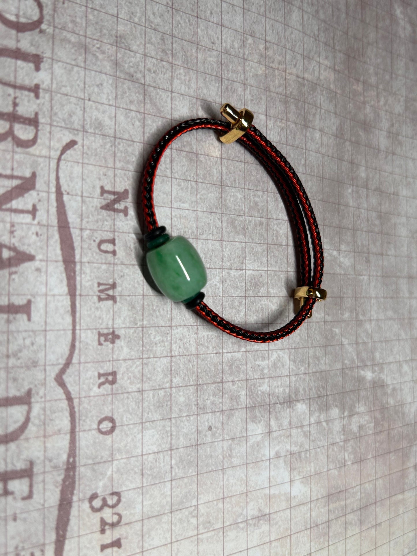 Grade A Natural Green Burma Jadeite Lu Lu Tong (barrel) with Braided Red and Black Nylon Bracelet