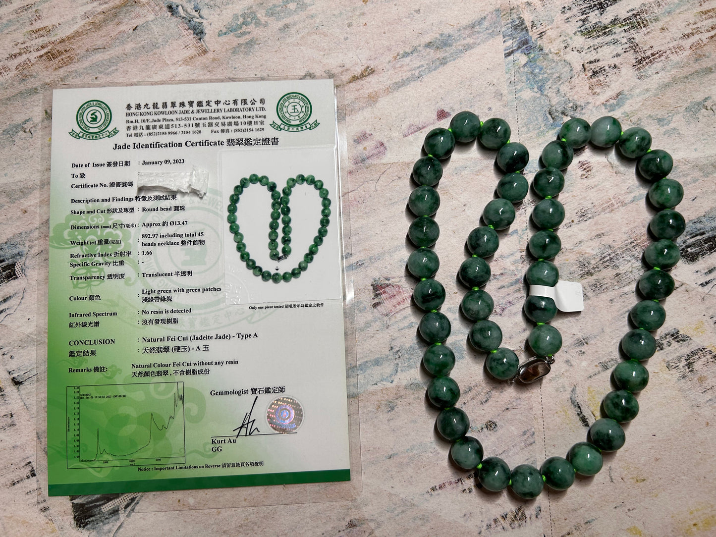 Certified by Trusted Lab Grade A Natural dark green Burma Jadeite 13mm Bead Necklace comes with third party certification of authenticity