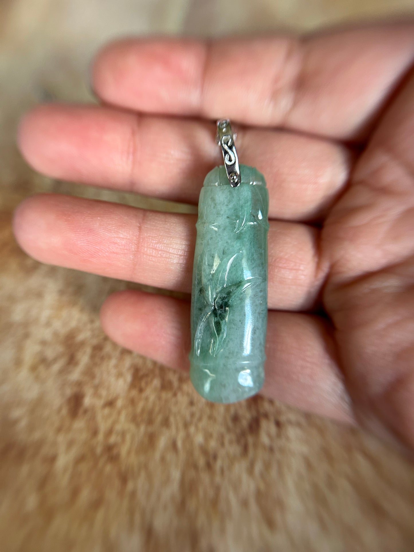 Grade A Natural Burma Icy Green Jadeite Bamboo Pendant with sterling silver bail