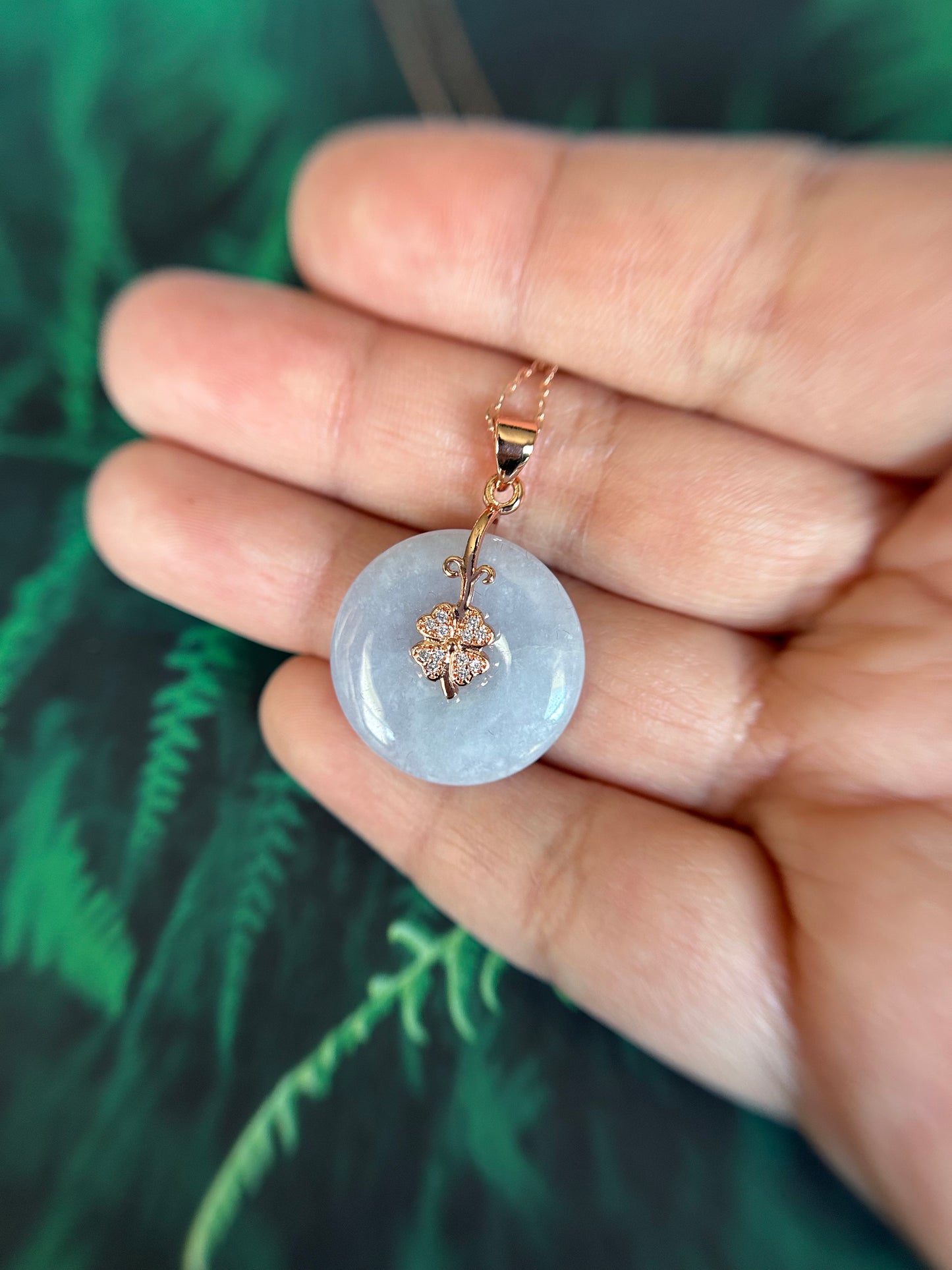 Grade A Natural Burma lavender Jadeite Pi Disc (peng on kou, donut) pendant with a sterling silver, rose gold plated four leaves clover bail