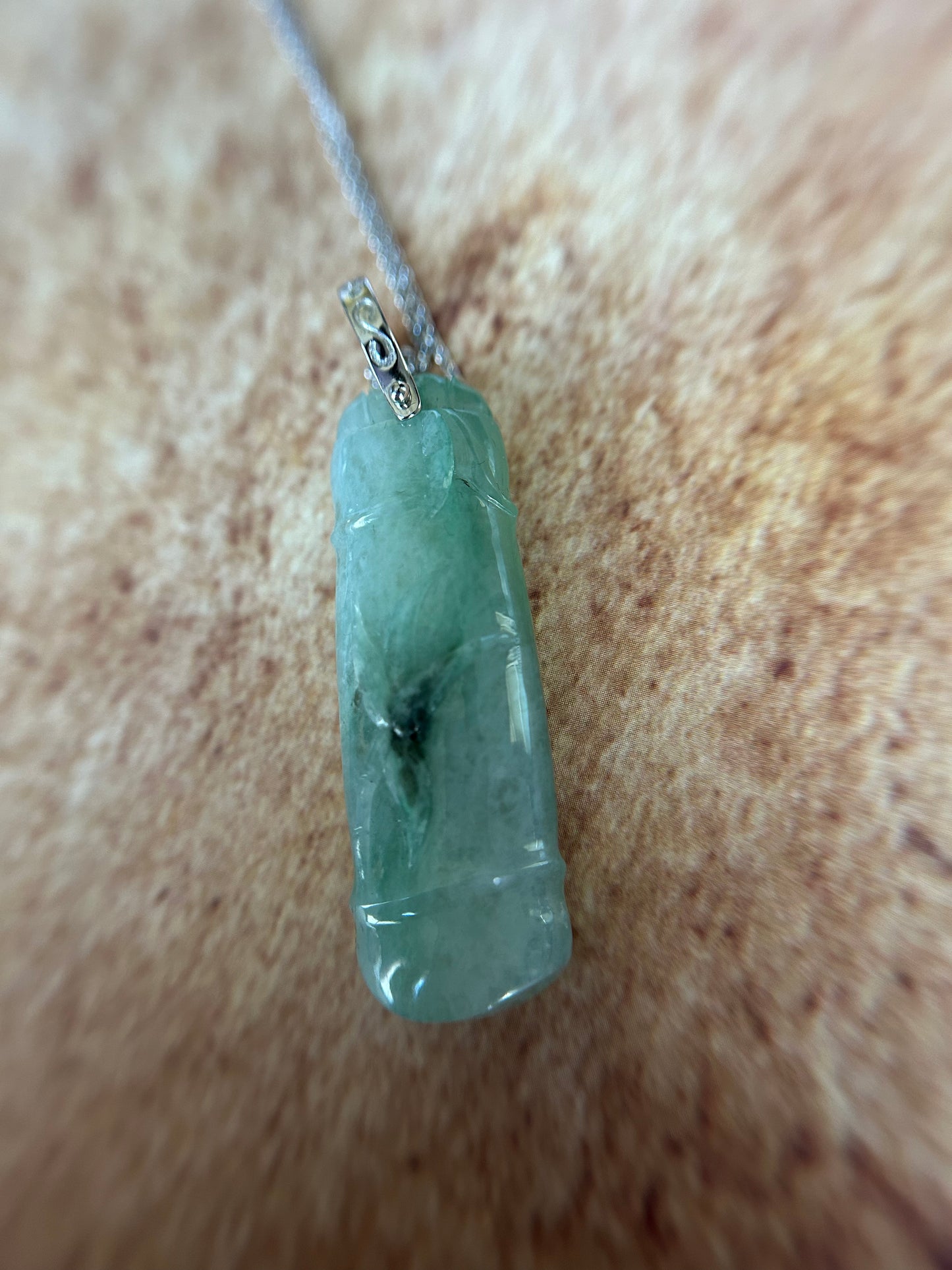 Grade A Natural Burma Icy Green Jadeite Bamboo Pendant with sterling silver bail