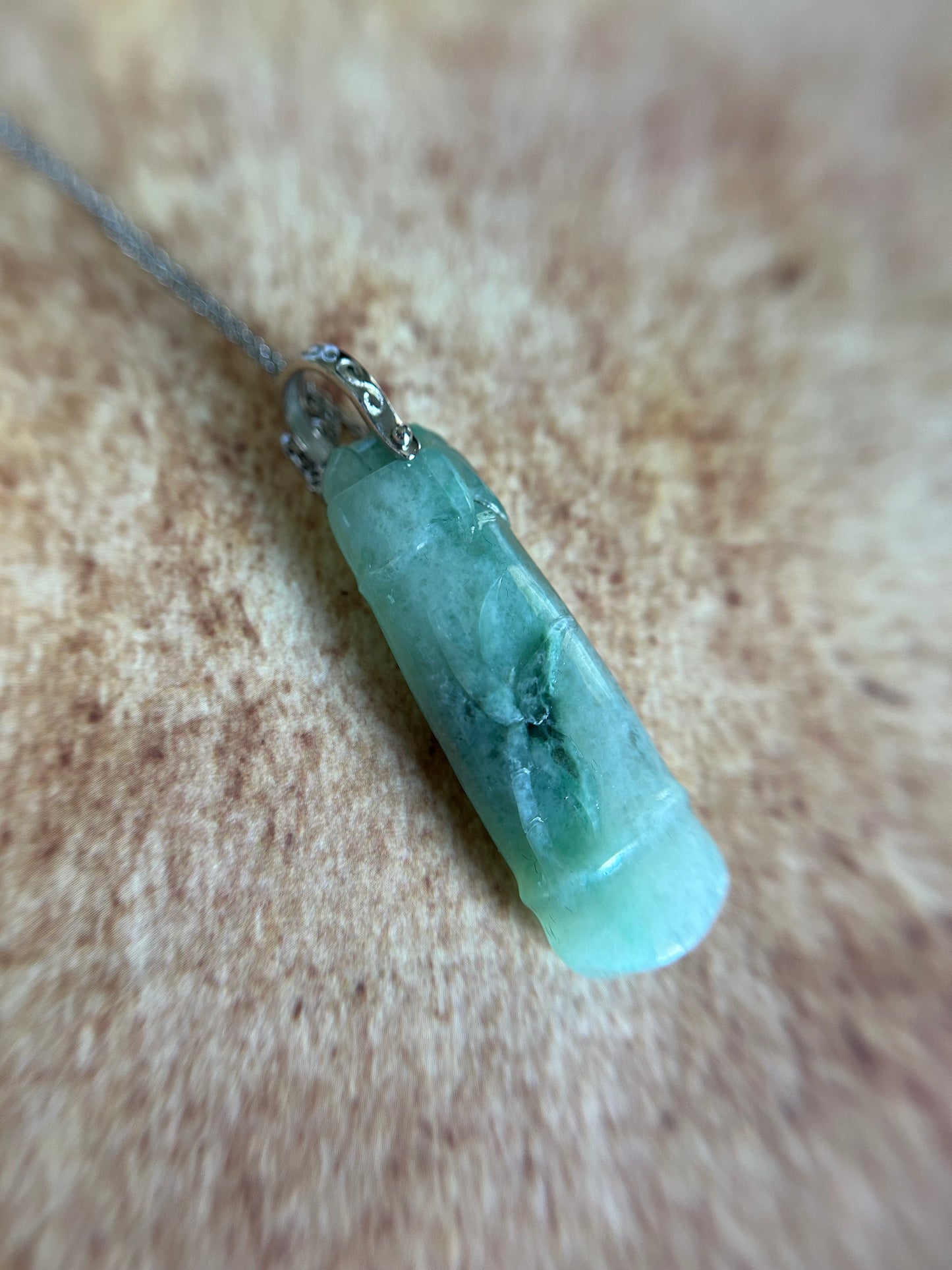 Grade A Natural Burma Icy Green Jadeite Bamboo Pendant with sterling silver bail