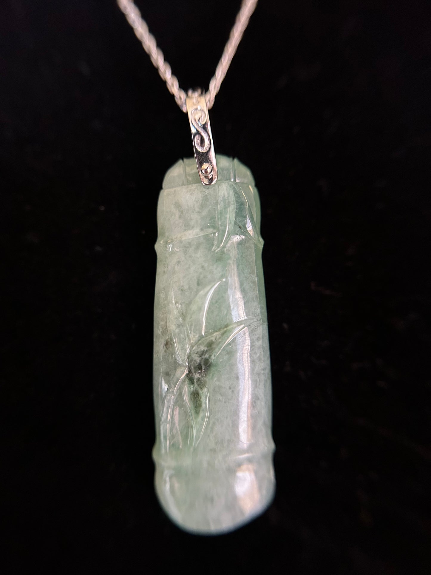 Grade A Natural Burma Icy Green Jadeite Bamboo Pendant with sterling silver bail