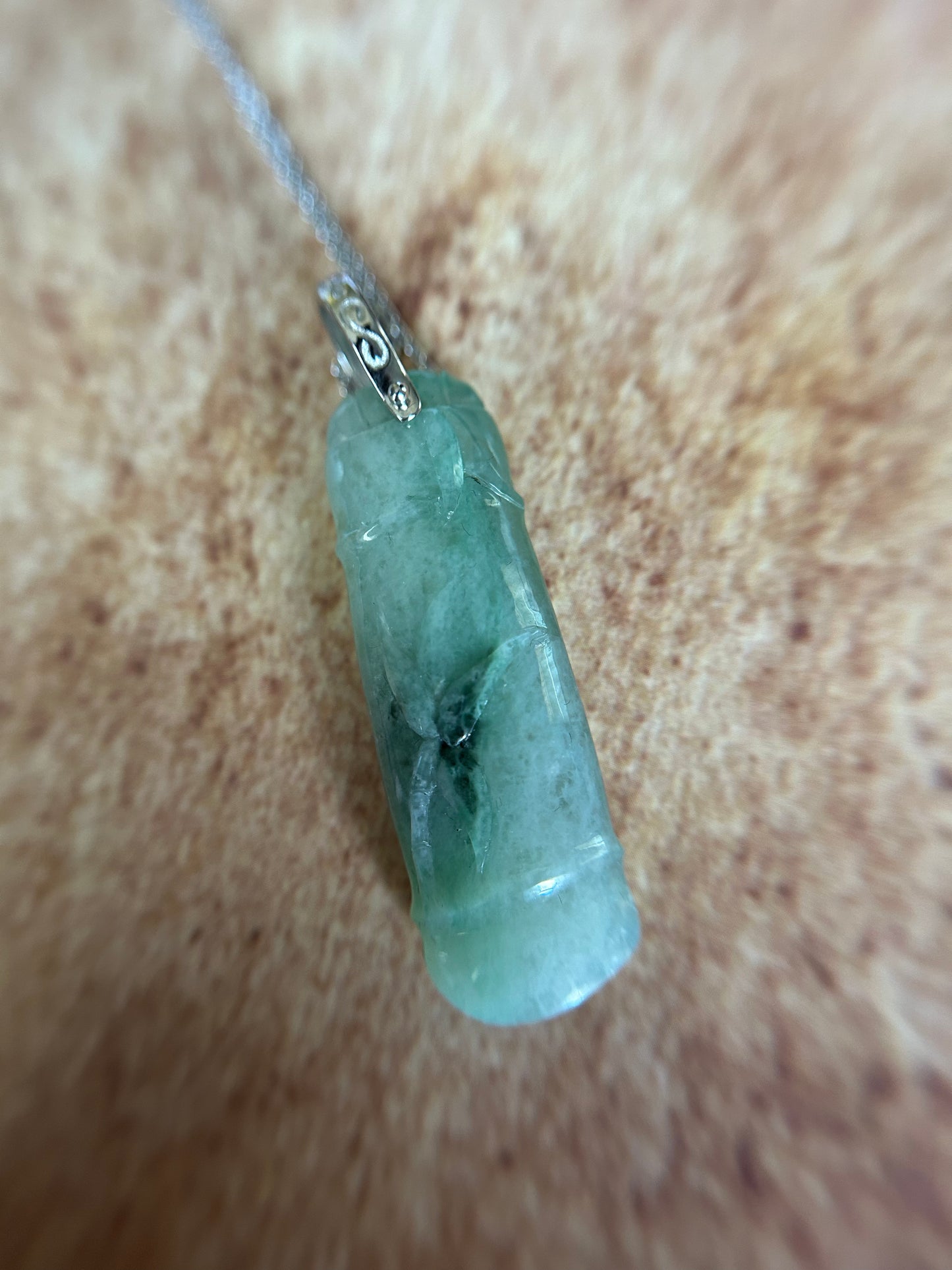 Grade A Natural Burma Icy Green Jadeite Bamboo Pendant with sterling silver bail