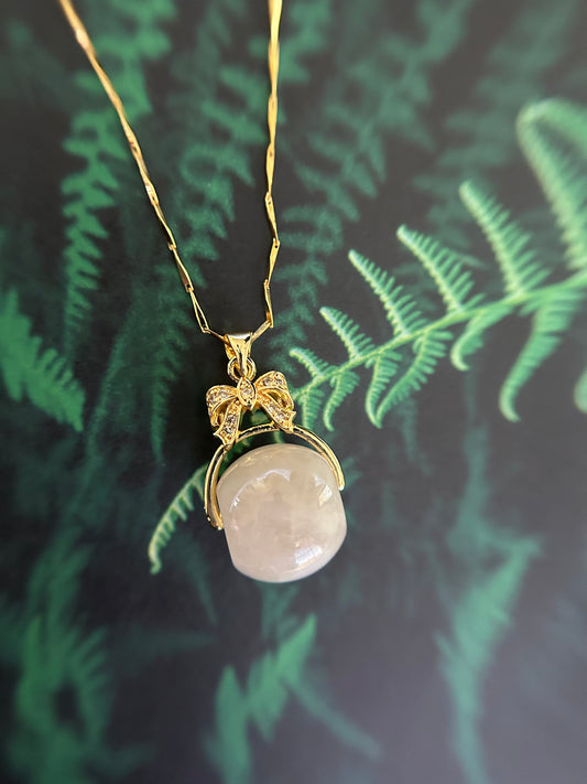 Grade A Natural light yellow luluton (barrel) Burmese jadeite with bow gold plated sterling silver pendant