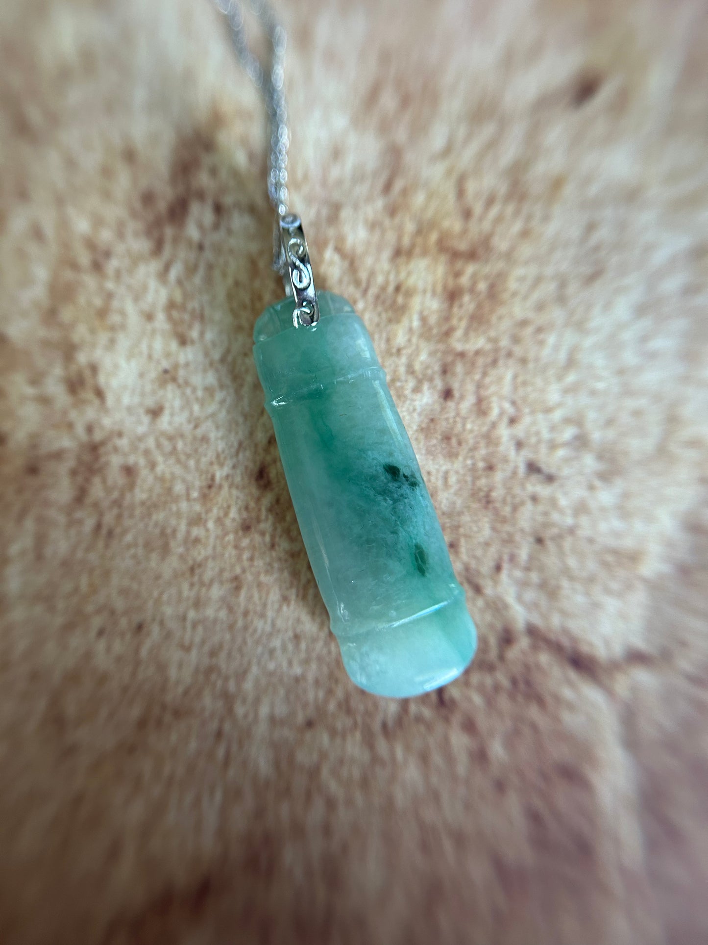 Grade A Natural Burma Icy Green Jadeite Bamboo Pendant with sterling silver bail