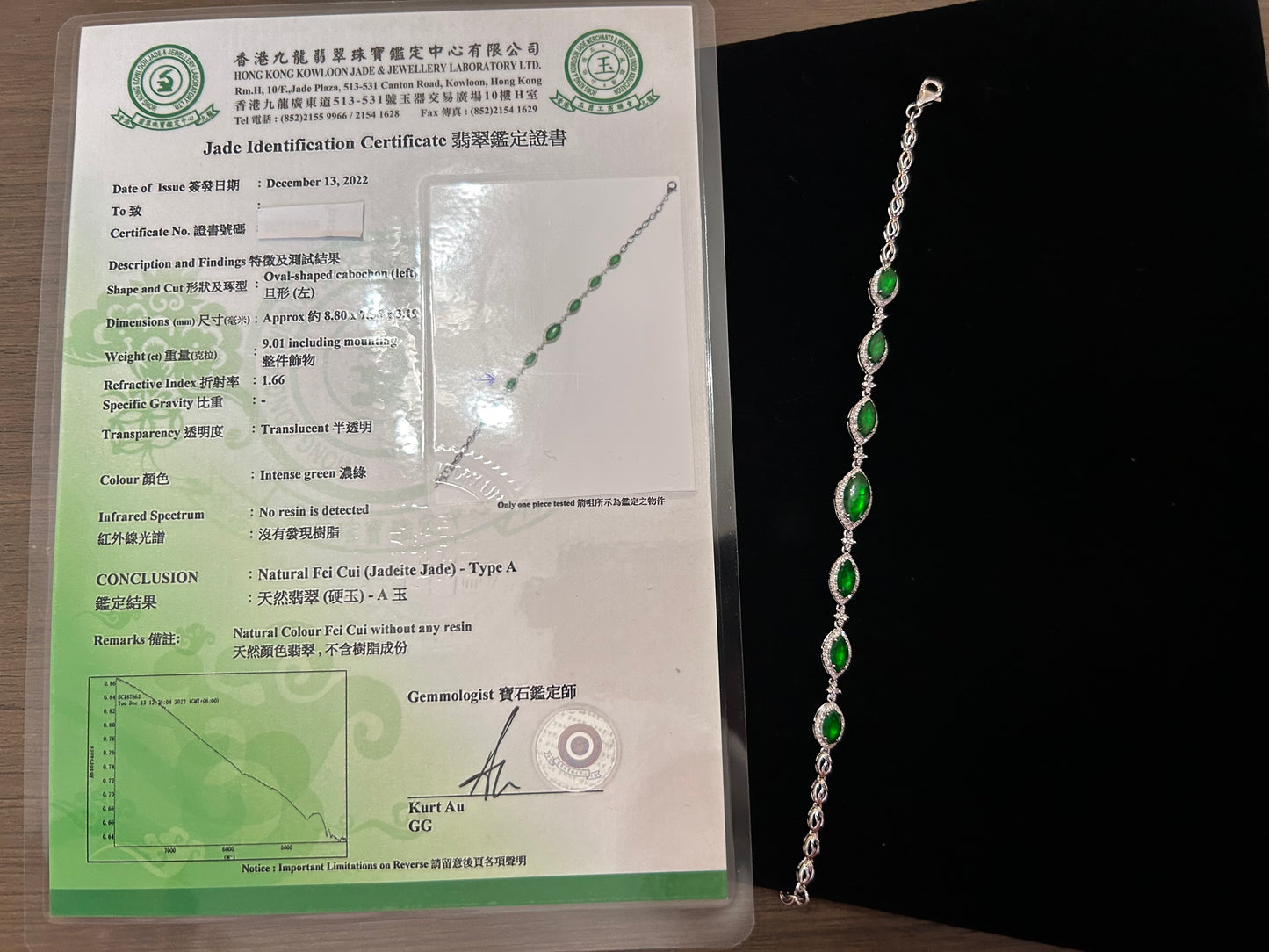 Certified from Trusted Lab Grade A Natural Burma Imperial Green Jadeite 18k white gold bracelet