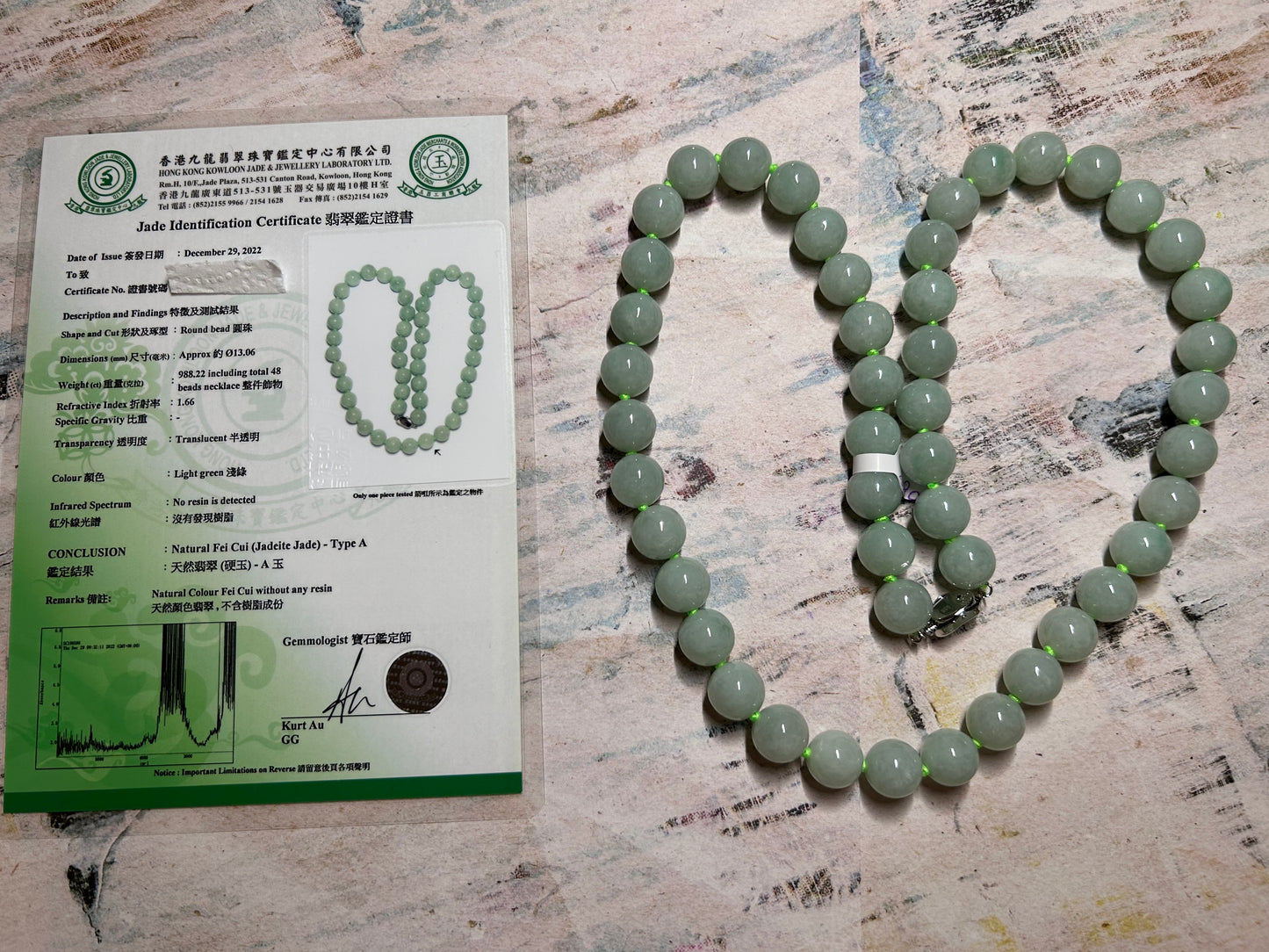 Certified by Trusted Lab Grade A Natural green 13mm Burma bead necklace comes with third party lab certification of authenticity